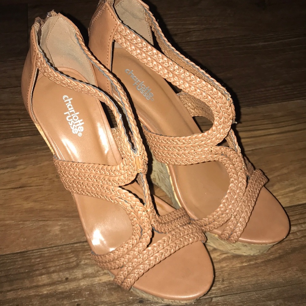 Tan opened toe wedges
